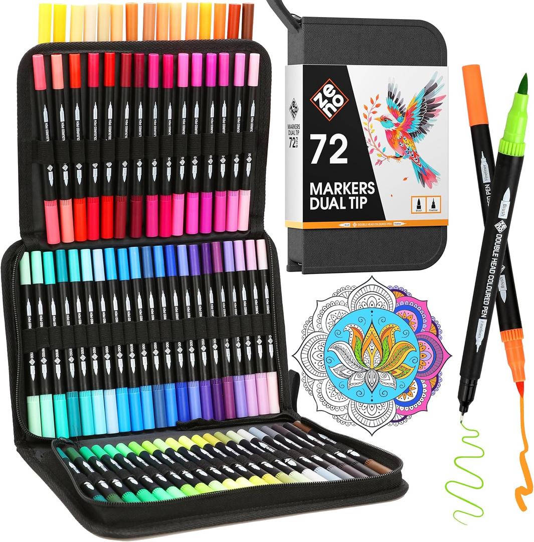 ZENO 72 Dual Tip Markers Set-C with Case  No-Bleed Art Markers for Adults  Fine & Brush Tips - Watercolor Pens for Journaling, Artists, and Creative Projects