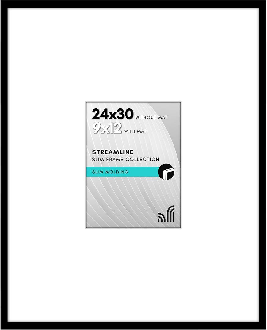 Americanflat 24x30 Picture Frame with Polished Plexiglass - Use as 9x12 Frame with Mat or Display 24x30 Photo Without Mat - Streamline Collection - Thin Border Picture Frames for Wall - Black