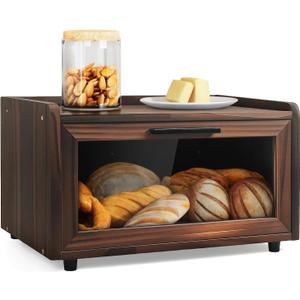 Bread Box for Kitchen Countertop Pine Wooden Bread Storage Container Bin Breadbox Holder Large Capacity Keeper Vintage Farmhouse Food Organizer Pantry Shelf Acrylic Window (Brown)