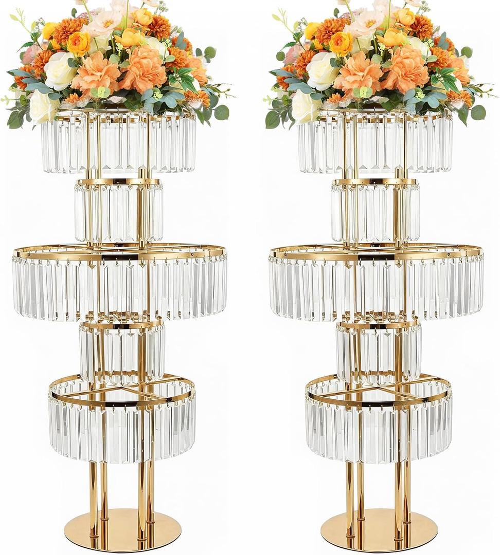 2PCS Wedding Flower Stand Centerpieces/Sparkling Genuine Crystal Pendants - 5-Tier Heavy-Duty Chandelier Base for Banquet Aisle/T-Stage/Table/Flower Arrangement Decoration, Not Acrylic (Golden)