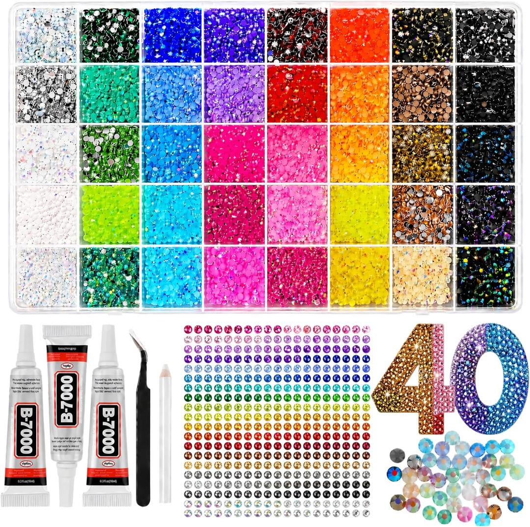 40 Colors Jelly Rhinestones for Bedazzling, 3mm 32000Pcs Multicolor Resin Flatback Gems for Diamond Art, Bedazzler Kit with 3Pcs 10ml B7000 Jewelry Glue for Crafting Book Shoes Nail Art
