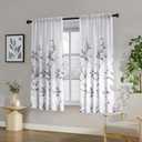 HOMEIDEAS Non-See-Through Light Grey and White Privacy Sheer Curtains 52 X 63 Inch Length 2 Panels, Leaf Floral Printed Light Filtering Semi Sheer Window Curtains Drapes for Bedroom Living Room