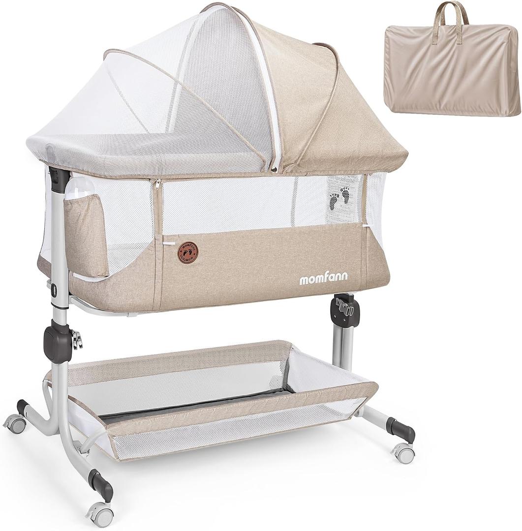 MOMFANN Baby Bassinet Bedside Sleeper, 6-Height Adjustment,Oatmeal, Crib