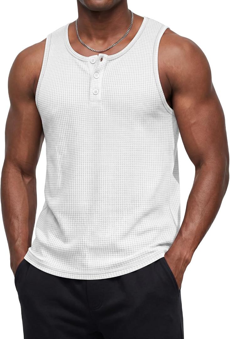 Mens Waffle Knit Tank Tops | Sleeveless Shirts, Casual, Henley, Summer, 2026, Beach, Breathable, Muscle Tees, Woukout, Gym (White, L)