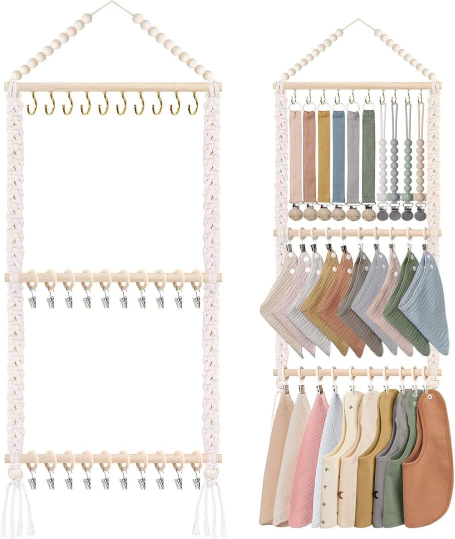 POVETIRE Pacifier Clip Holder Baby Bibs Organizer, Neutral Baby Bandana Drool Bibs Holder - Baby Burp Cloths Organizer Storage Hanging Wall Decor for Nursery Newborn Infant Girls and Boys Room (Beige-1)