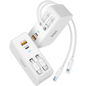 USB Wall Charger Block, Built-in Dual Retractable Cables 40W USB C Block Wall Plug with USB A/USB C Ports, Travel and PD Fast Charging for iPhone 17/16/15/14/13/12, Pad, Tablet and More