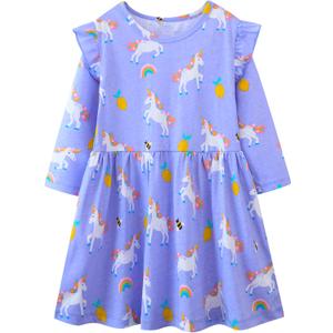 Toddler Girls Cotton Embroidery Applique Short Sleeve Dresses 2-7Y (Purple)
