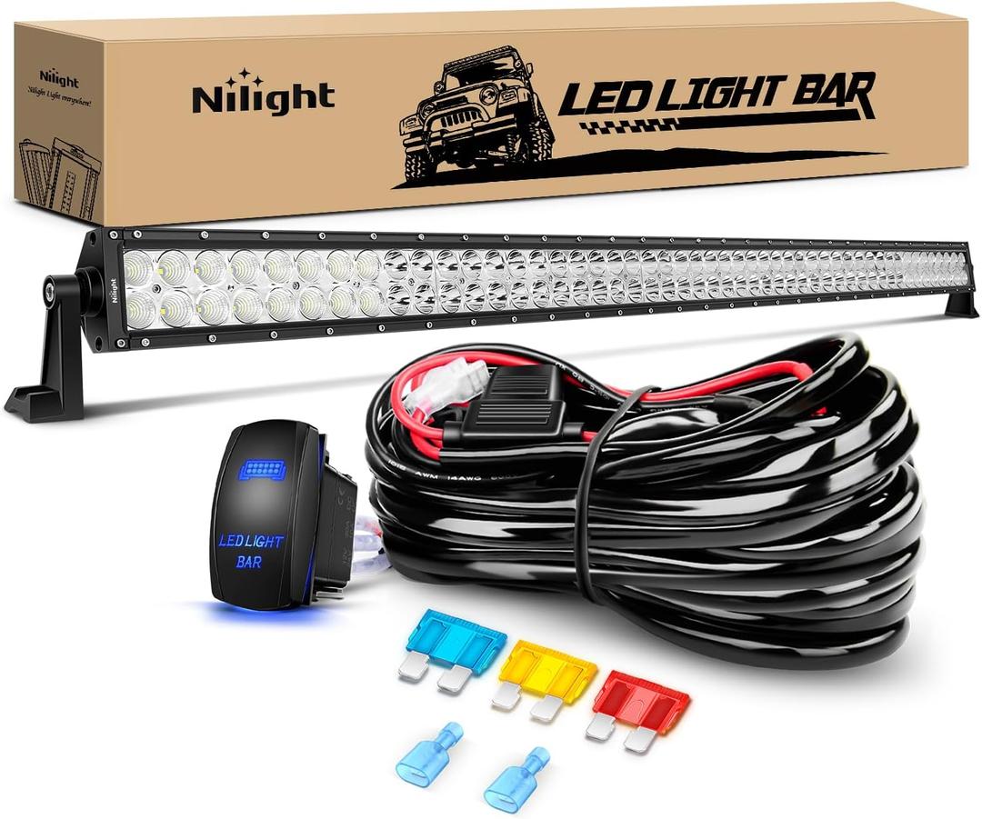 Nilight 52Inch 300W Spot Flood Combo Led Light Bar Off Road Driving Lights Boat Lights Fog Light 12V On/Off 5 Pin Rocker Switch Power 14AWG Wiring Harness Kit-1 Lead for Trucks