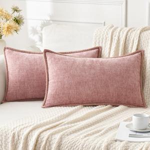 ANRODUO Pack of 2 Pink Chenille Throw Pillow Covers 12x20 Inch Farmhouse Decorative Pillow Covers with Stitched Edge Soft Throw Pillows for Couch Sofa Bed and Living Room Spring Boho Home Decor