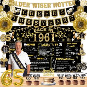 65th Birthday Decorations for Men Women, 36 Pcs Back in 1961 Birthday Party Decorations, Black Gold Happy 65th Banner,Vintage 65th Birthday Table Decorations ,Cake Topper, Sash Party Supplies