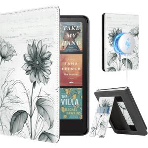 CoBak Stand Case for 7" Kindle Paperwhite 12th Gen 2024 and Kindle Colorsoft with Hand Strap - Compatible with iPhone MagSafe, for Samsung/Belkin/Anker Wireless Charging Pads, Durable, Auto Sleep Wake (Sketch Sunflower)