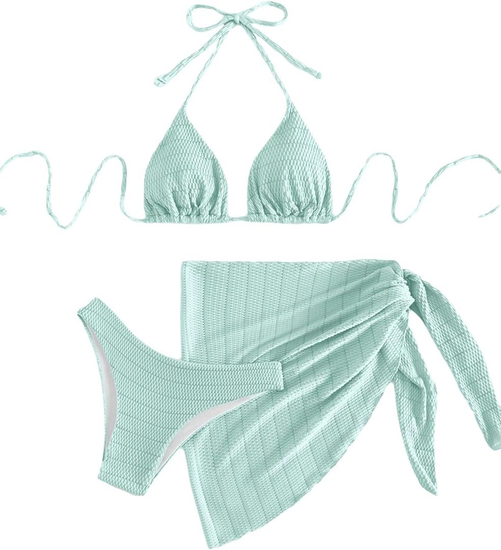 SHENHE Women's 3 Piece Textured High Cut Halter Triangle Bikini Swimsuit with Cover Up (Mint Green, S)