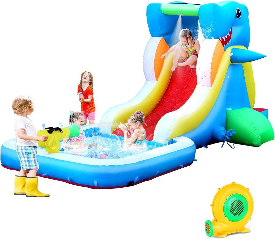 Inflatable Water Slide, Bounce House for Kids Backyard, Toddler Blow Up Bouncer with Air Blower, Splash Zone, Climbing Wall, Water Cannon for Party (Missing Blower)