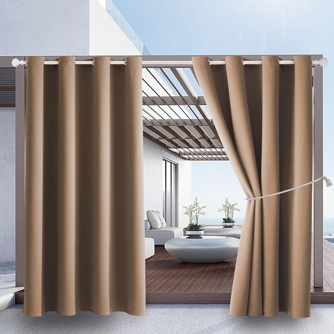Waterproof Outdoor Curtain W52 x L84 - Grommet Top Sunlight Blocking Window Treatment Drapes Blackout Curtains for Home Bedroom Living Room Outdoor Patio Porch Pergola (Camel Brown, 2 Panels)