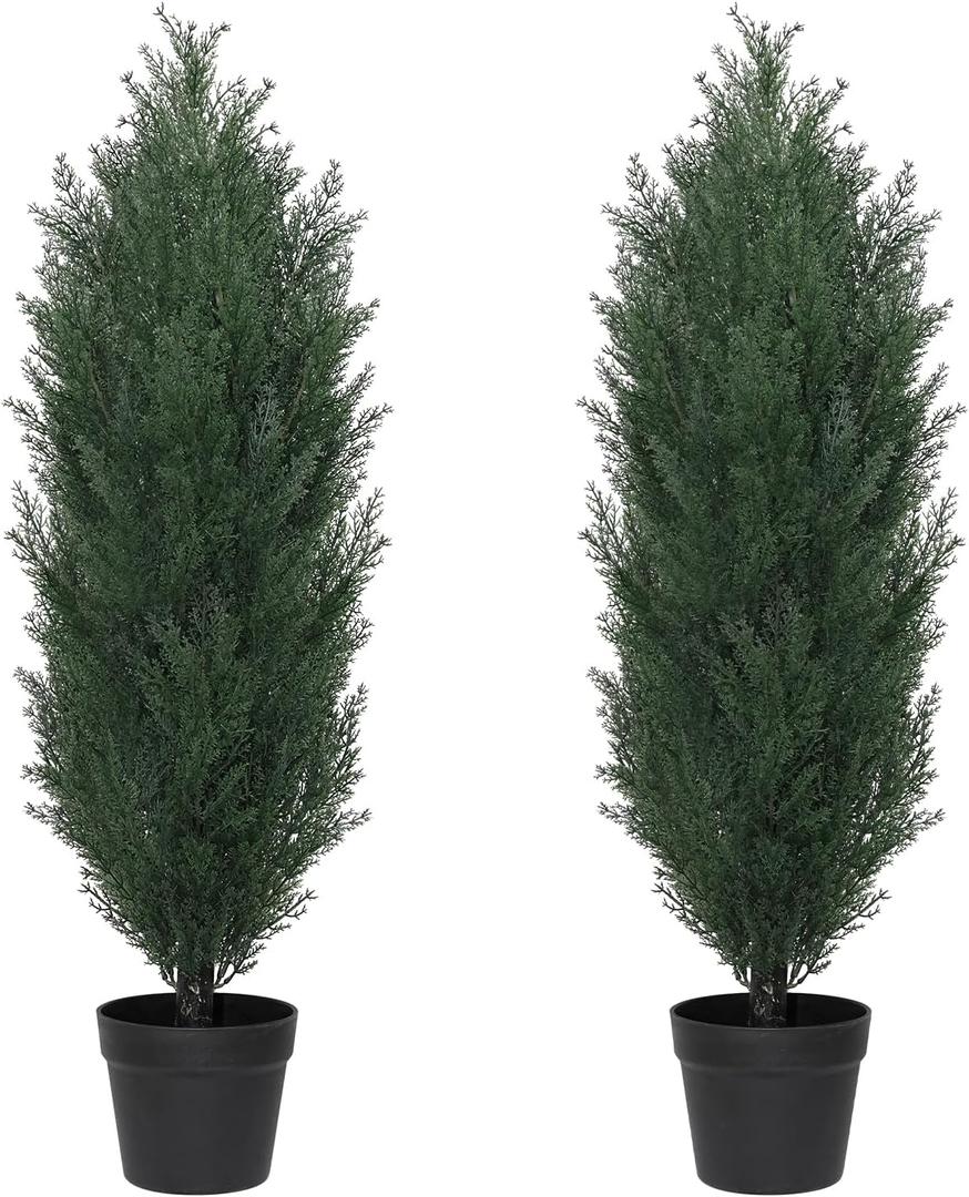 THE BLOOM TIMES 3ft Topiary Trees Artificial Outdoor Set of 2  UV Resistant Faux Cedar Bushes and Shrubs, Fake Potted Plants for Front Porch Outside Planter Patio Decor, No Maintenance Curb Appeal