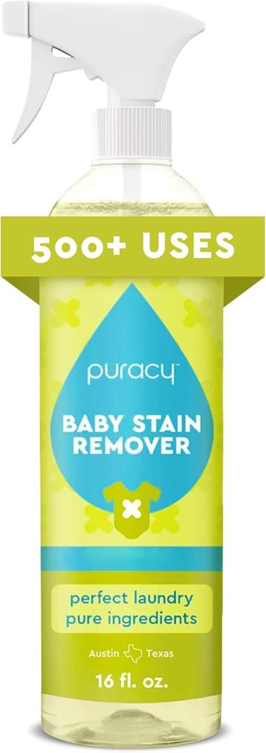 Puracy Stain Remover for Baby Clothes and Cloth Diapers, Newborn Baby Essentials Must Haves, EnzymeBased Laundry Spray, Natural Spot and Odor Cleaner, 16 Oz