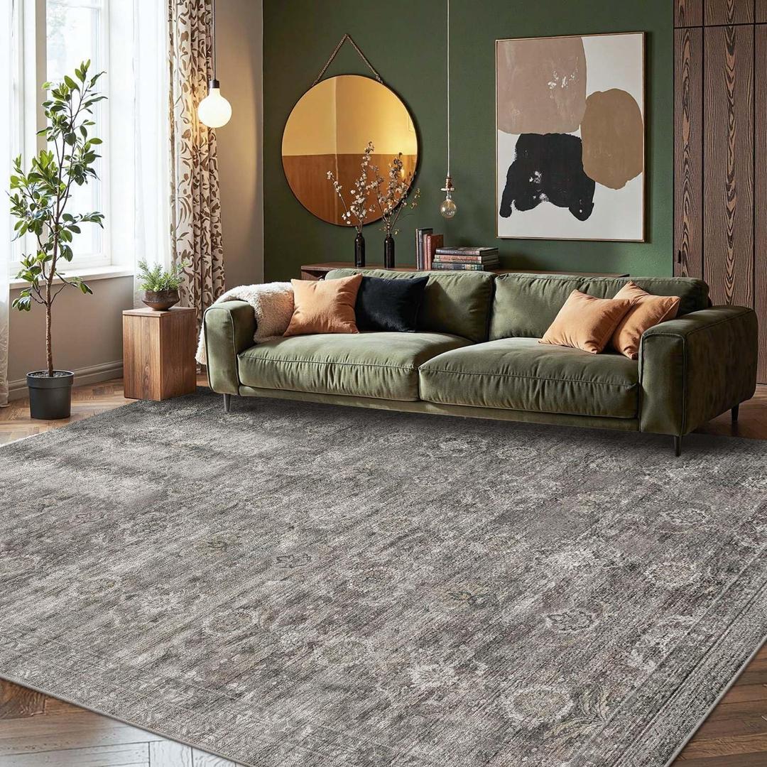8x10 Area Rugs for Living Room, Large Washable Rug, Grey Vintage Retro Boho, Non Slip & Low Pile Faux Wool Carpet for Indoor Dining Room and Bedroom