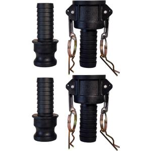 Camlock Fittings 1 Inch Type C & E Polypropylene Cam and Groove Hose Fitting Kit with 1" Female & Male Camlock x 1" Hose Shank (Hose Barb), Cam and Groove Hose Couplings (2 Sets/ 4 Pcs)