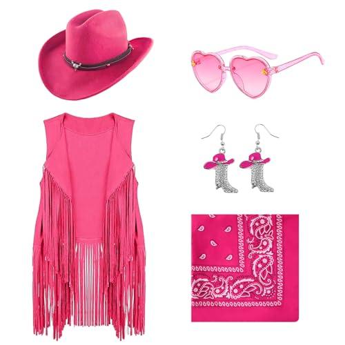 Dwieey Cowgirl Outfits for Girls Kids 6 Pcs Western Costume Accessories Cowboy Hat Fringe Vest Earring for Halloween 11-12 T XL