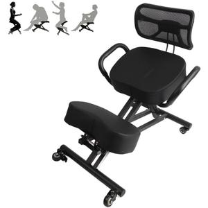 Ergonomic Height Adjustable Breathable Kneeling Chair Back Support Kneeling Chair with Leather Cushion Comfortable Mesh Backrest, Spine Alignment Support