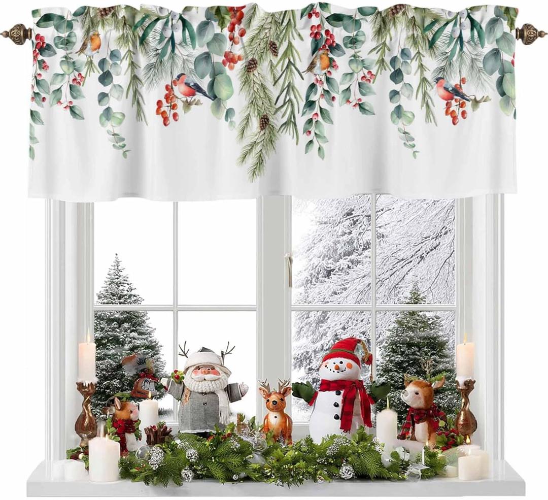 Christmas Cardinal Valance Kitchen Cafe Curtains, Berry Green Eucalyptus Leaves Rod Pocket Valances, White Short Curtain Window Valances for Bedroom Bathroom Living Room 54x18in