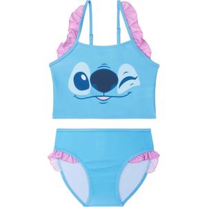 Disney Stitch Girls Bikini, Two Piece Swimsuit with Adjustable Straps, Bathing Suit, Swimwear, Ages 5-14 (11-12 Years, Blue/Pink Stitch)