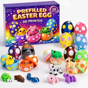 Prefilled 3D Printed Animals Easter Eggs - 12Pcs Prefilled Easter Eggs with Toys - Pre Filled Mini 3D Printed Animals Easter Eggs - Wigglitz 3D Fidget Toys Animals Assorted for Boys Girls