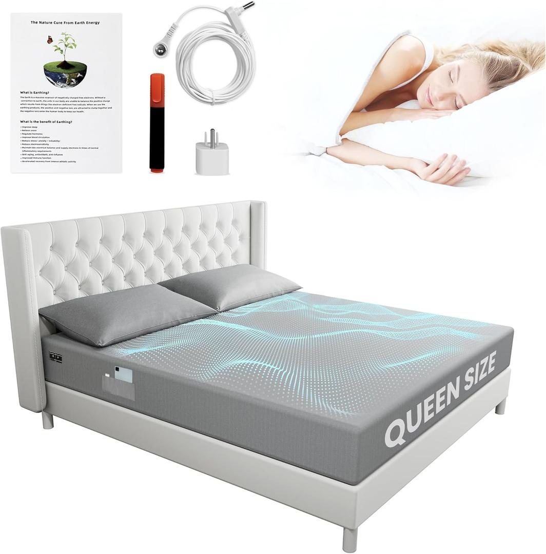 Grounding Sheets Grey Queen Size - 90% Organic Cotton + 10% Pure Silver Fitted Bed Sheet for Earthing - 400 Thread Count Deep Pocket Grounded Bedsheets - Improved Sleep Down to Earth Ground Bedding