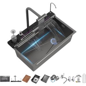 Smart Kitchen Sink 304 Stainless Steel Honeycomb Single Bowl Kitchen SinksDigital Display Double Waterfall SinkWith Pull-out Swivel FaucetWith Pressurized Cup Washer (29.5 x 18.1 inch)