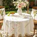 Laolitou Pink Floral Spring 55" Round Tablecloth (Fits 30-42" Table), Embroidery Heavy Duty Cotton Linen Table Cloth, Farmhouse Rustic Waterproof Wrinkle Free Tablecloths with Tassels, Pink Flower