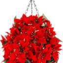 Retrowavy Artificial Christmas Poinsettia Flowers with Hanging Basket for Outdoor Decoration Christmas Hanging Baskets Artificial Poinsettias Plant Pot with Berries for Home Garden Xmas Decoration