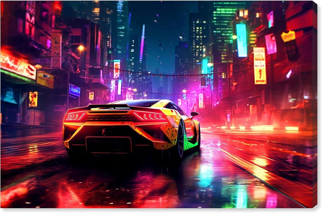 Notoriart City Night Drive Gallery Wrapped Car 1 Piece Canvas Wall Art, 24" x 16", Gallery Wrapped (16L" x 24W")