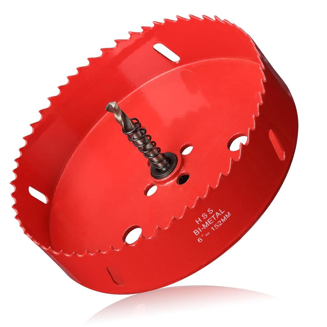 Hole Saw 6 (152mm) for Wood, HSS Bi-Metal Hole Cutter with Pilot Drill Bit for Plywood, Cornhole, Ceiling and Drywall (Red)