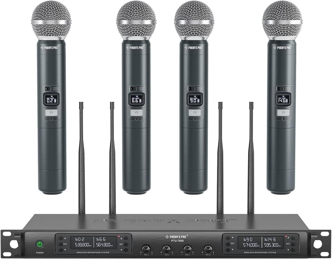 Phenyx Pro Wireless Microphone System, Quad Channel Wireless Mic, w/ 4x40 UHF Frequencies, Auto Scan, 328ft Long Range, 4 Handheld Dynamic Microphone for Singing, Church, Karaoke (PTU-7000-4H)