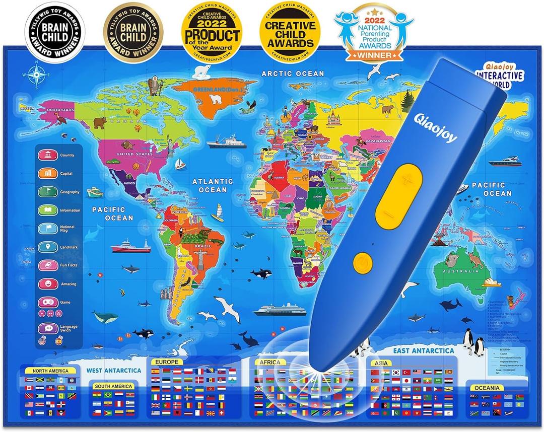 Qiaojoy Bilingual Interactive World Map for Kids Learning and Educational Toys, Talking Electronic Kids World Map i-Poster Geography Games Ages 3 to 12 Years Old, Custom Talking Birthday Gifts Card