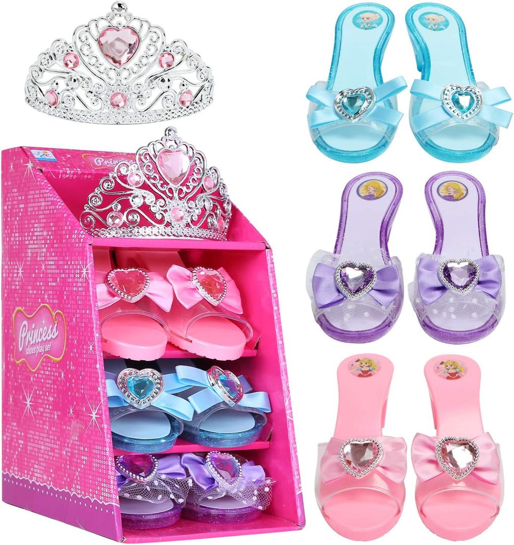 Girls Play Set! Princess Dress Up Shoes and Tiara (3 Pairs of Shoes + 1 Tiara) Role Play Collection Fashion Princess Shoe for Little Girls