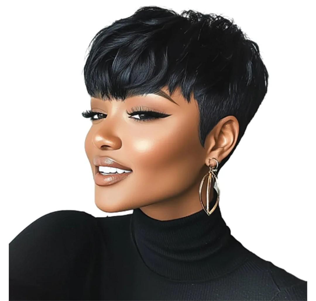 Glueless Wigs For Black Women Short Pixie For Black Women Black Short Wig With Bangs Pixie Cut Wig With Bangs Straight Bob Wigs For Women (Black)