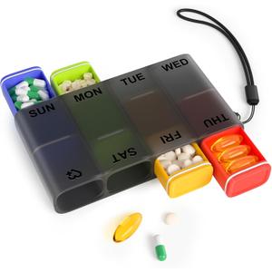 Weekly Pill Organizer 1 Time a Day  Travel Pill Case 7 Day, Small Pill Box 8 Compartments Push Open, with Color Slots, Medicine Organizer for Fish Oil, Vitamins, with Wrist Lanyard, BPA Free, Black