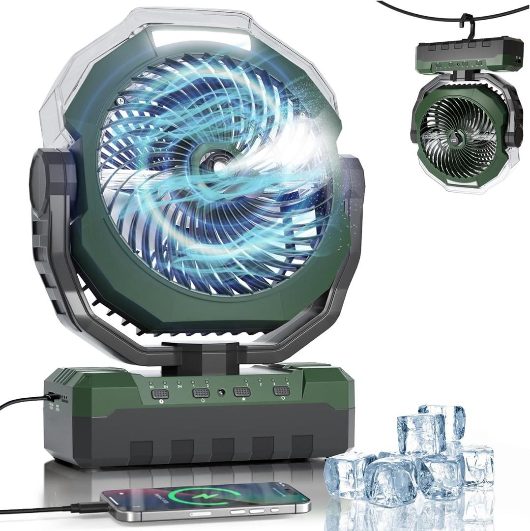 460ml Tank Portable Misting Fan,36000mAh Rechargeable Battery Powered Camping Fan with 4 Speeds,3 Timers,2 Light Modes,Jobsite Beach Summer Essentials,Mist Fan for Indoor Outdoor Patios Travel,Green