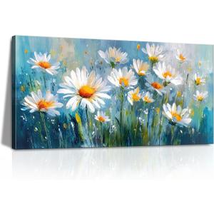 LKY ART Daisy Floral Canvas Wall Art Blue Wildflower Painting Print 20x40in