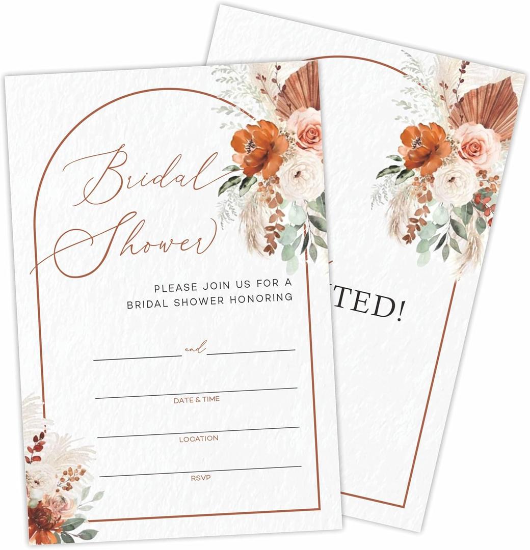 Watercolor Floral Bridal Shower Invitations, 25 Boho Invites With Envelopes, Fill In Style Invites For Bridal Shower, Mr & Mrs Newlyweds Celebration, Party Favor & Supplies - A03