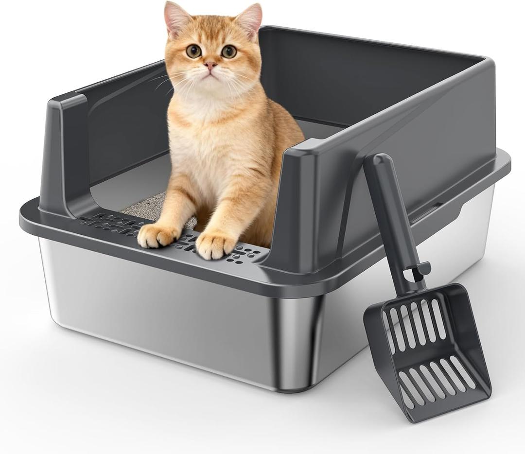 Stainless Steel Cat Litter Box with Lid, High-Sided Metal Litter Pan for Small Cats, Kitty Litter Box, Non-Stick & Odor-Resistant, Anti-Urine Leakage, Easy to Clean, Scoop Included (Medium, Dark Grey)