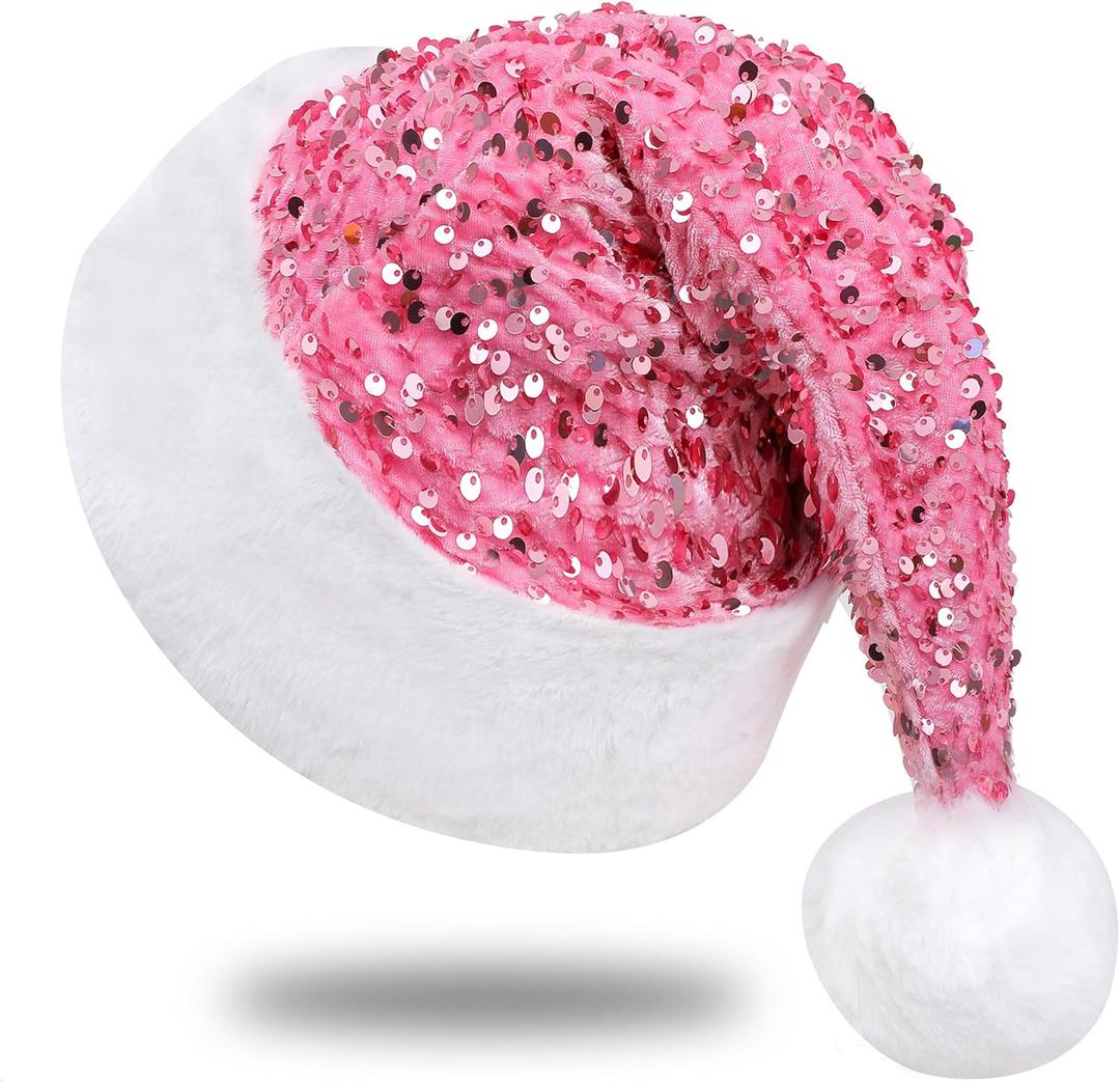 Sequin Santa Hat for Adults with Shiny Sequin and Fluffy Pompom, Party Hat for New Year Xmas Festival (Pink)