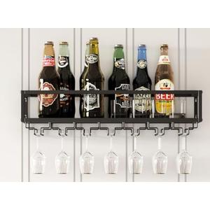 MAIKAILUN Wall Mounted Wine Rack Black with Glass Holder 30in Metal Bottle Holder Hanging Multi-Functional Wine Storage Display Rack for Home Bar Dining Room Kitchen (Black, 1-Tier)