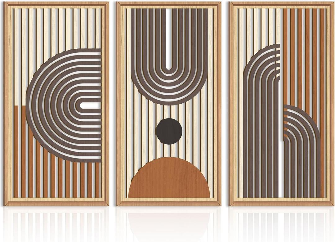 IARTTOP Large Mid Century Modern Wall Art Framed Abstract Geometric Wall Art Set of 3 Wood Boho Wall Decor for Living Room Bedroom Office 16 x32 Inch (beige and brown)