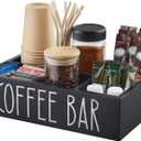 ALEION Coffee Station Organizer - Wood Countertop Accessories Organizer with Removable Dividers for Pods Condiment Syrup Tea Cups Stirrers - for Farmhouse Coffee Bar Decor (Black)