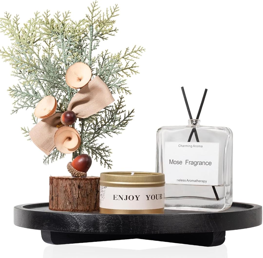 Round Decorative Tray Wood Bathroom Counter Organizer Farmhouse Kitchen Decor Wooden Riser for Soap Dish, Perfume, Candle, Sponge, 11" - Black