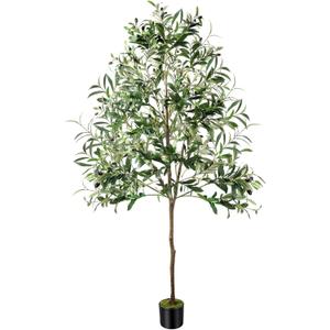 Olive Trees Artificial Indoor, 6FT Faux Olive Tree with Black Planter, Tall Fake Tree with Artificial Moss Natural Trunk Realistic Fruits for Home Office Decor Indoor