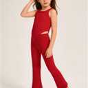 4 x 4 Piece Girls Heart-Shaped Clothing Sleeveless Ribbed Tank Tops and Flared Pants Summer Outfit 5-6Y (Red)