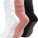 Grip Pilates Socks for Women, Non Slip Yoga Slouch Socks with Gripper, Long Scrunch Tall Crew Sock for Ballet Hospital Pink